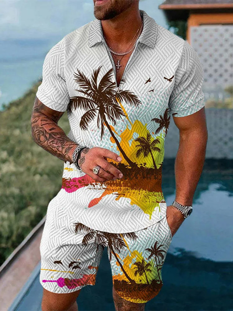 Hawaiian Men Tracksuit Coconut Tree 3D Printed Clothing Beach Fashion Casual 2 Piece Summer Short Sleeved Polo Shirt Shorts Set