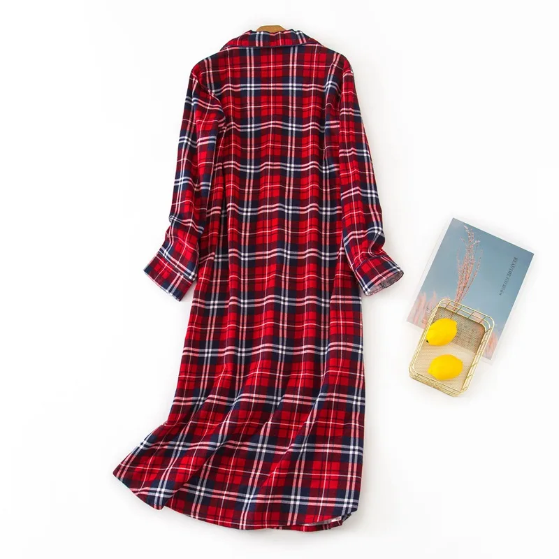 Cotton Sleepwear Nightdress Loungewear Oversized Homewear Checkered Stripe Long Sleeve Pajamas Casual Underwear Lingerie Women