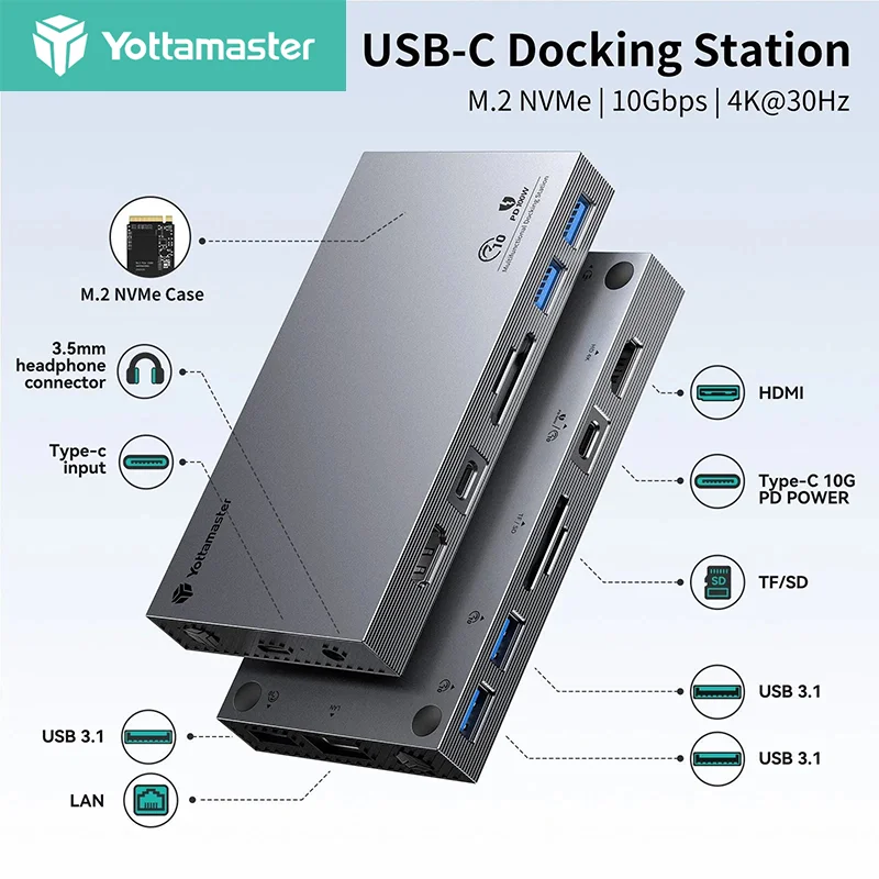 

Yottamaster Docking Station with M.2 NVMe SSD Enclosure 10 in 1 USB C HUB Adapter to 4K HDMI-compatible PD100W SD/TF Card Reader