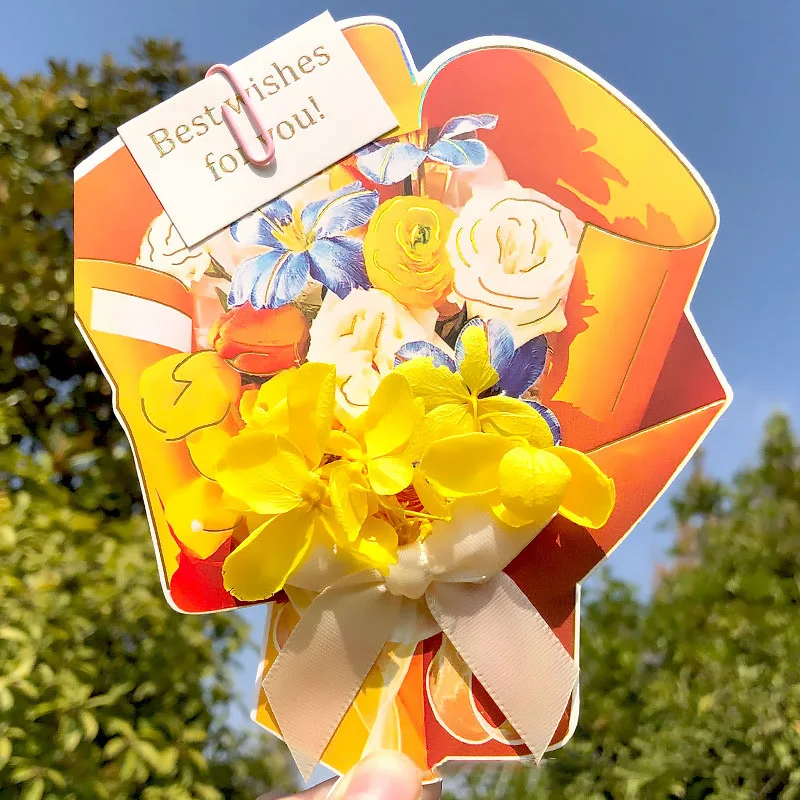 Flower Bouquet Shape Rose Blossom 3D Greeting Card For Thanksgiving Mother's Day Birthday Valentine's Day 1Pc