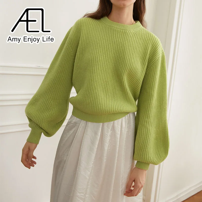 

AEL Women's Fashion Original Lantern Sleeves Round Neck Sweater Women's Autumn and Winter Loose Pullover Knitwear Commuter