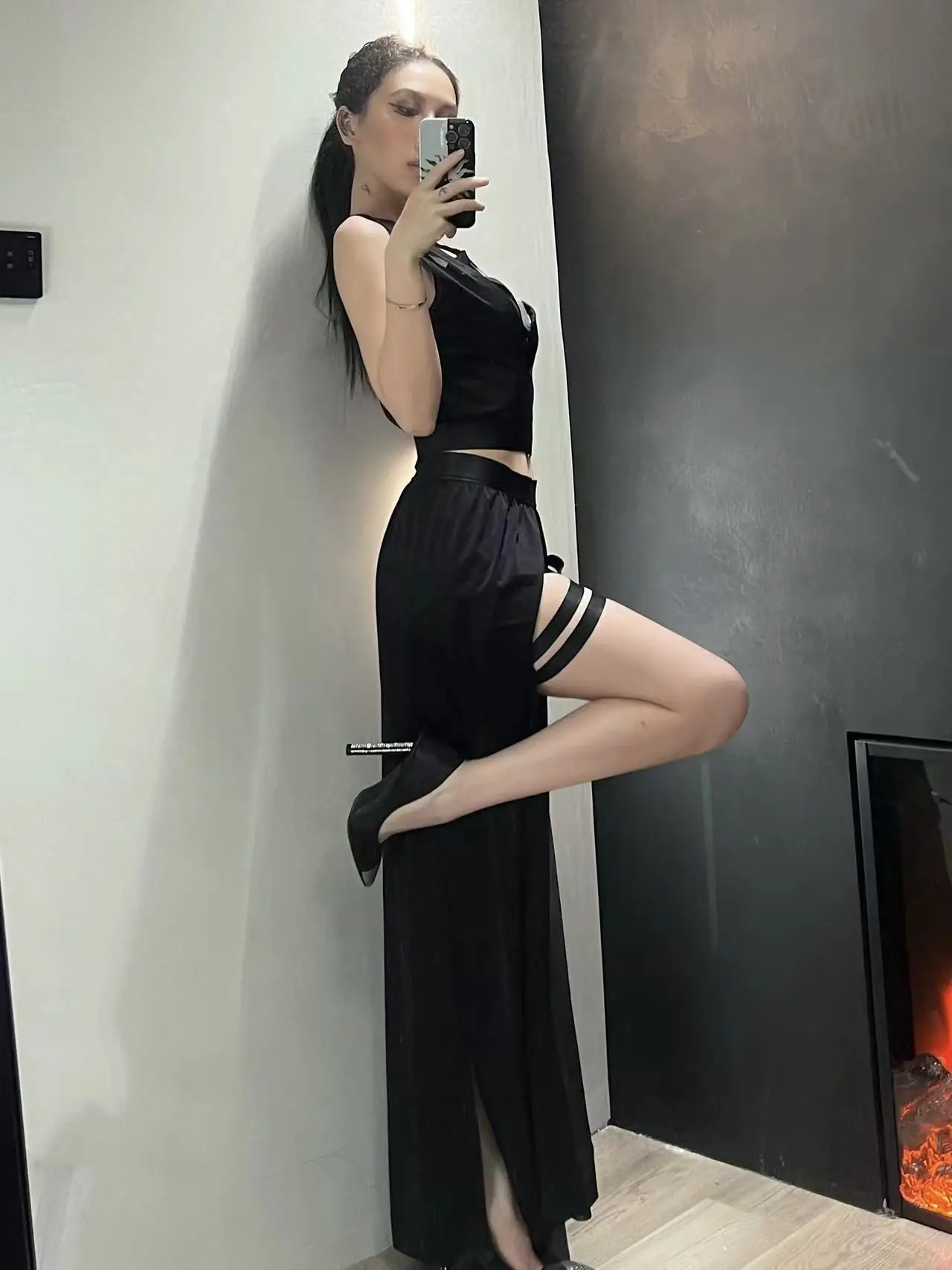 Goth Club Mesh Sexy Summer Corsets Skirt Set Women Sleeveless Black Crop Bra Top Bandage Underpants Slit Skirt 4pcs Sets 6