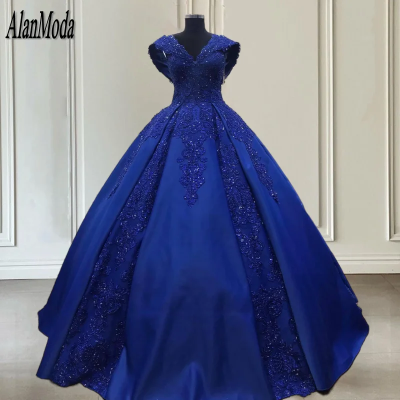 

Modest Royal Blue Evening Dresses Short Sleeves Sequin Formal Lace Prom Gowns Arabic Dubai Party Dress Vestidos De Noche