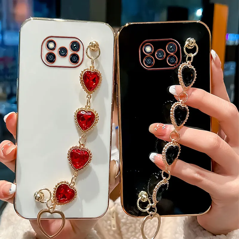 For POCO X3 Luxury Flash Rhinestone Bracelet Case For Xiaomi POCO X3 X4 Pro 5G NFC M3 C40 Cover Silicone Chain Case POCOX3 Women phone case