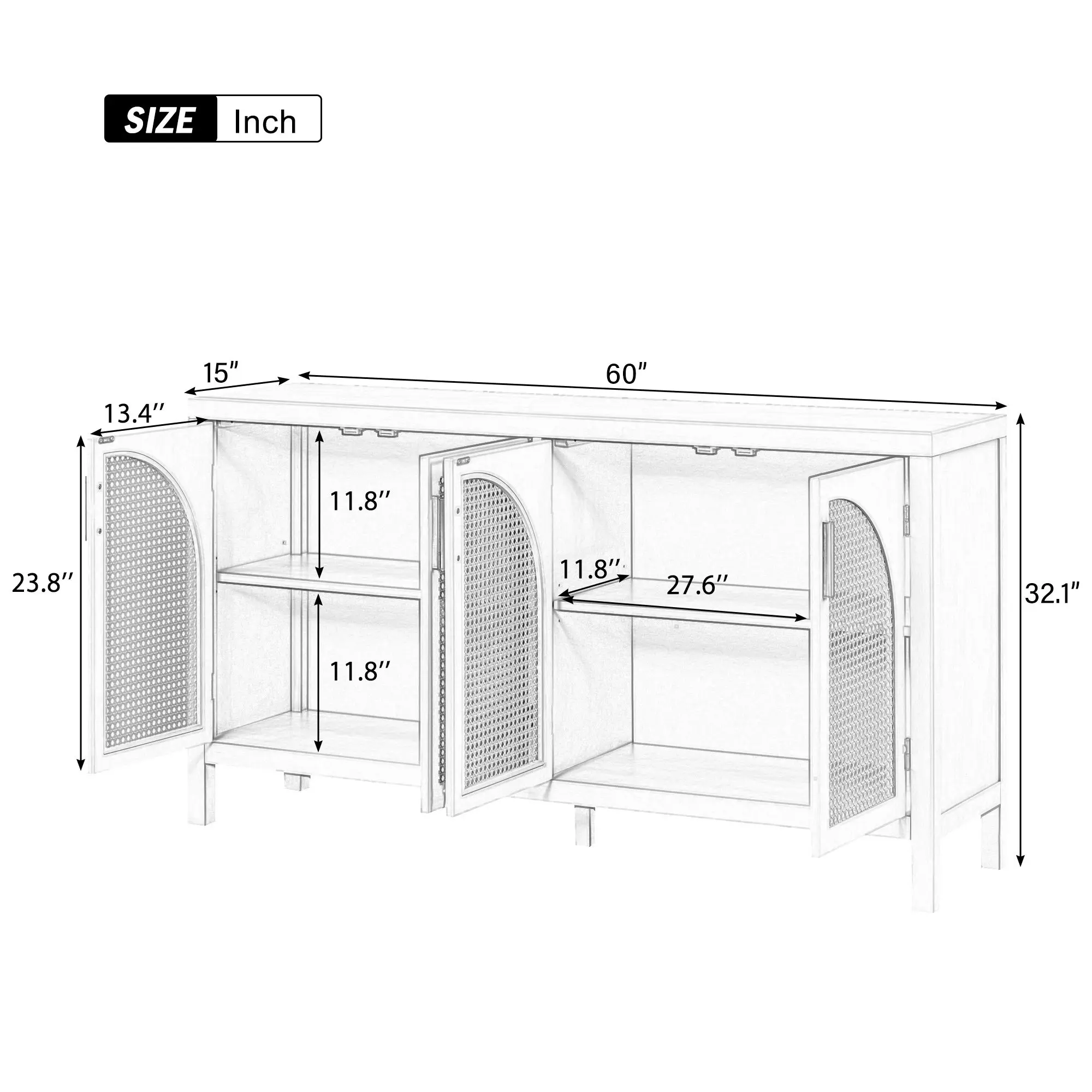 Large Storage Space Sideboard with Artificial Rattan Door and Metal Handles for Living Room and Entryway