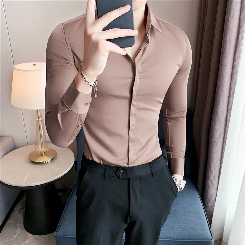 

Мужская Облегающая рубашка с длинным рукавом, однотонная эластичная бесшовная деловая формальная Классическая рубашка, Повседневная Блузка, 2023