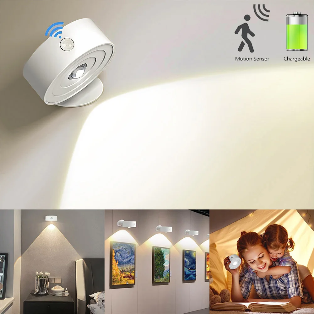 Rechargeable LED Wall Sconces Light Motion Sensor Wall Cordless Lights 360&deg; Rotatable Magnetic Reading Lamp For Indoor Bedroom