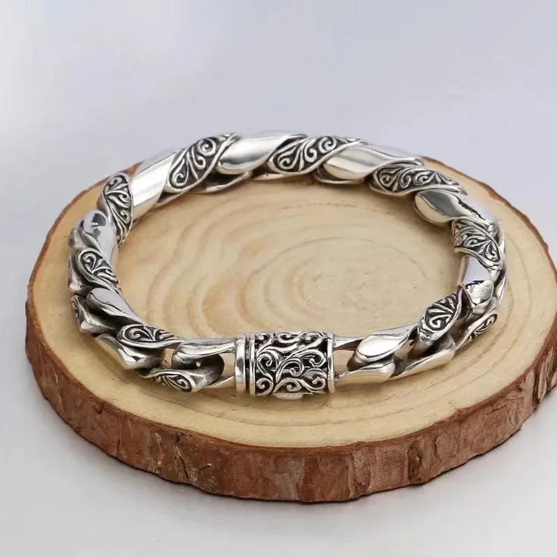 

S925 Silver Simple Dominant Male Bracelet Classic Popular Bolt Chain Thai Silver Handmade Bracelet Male