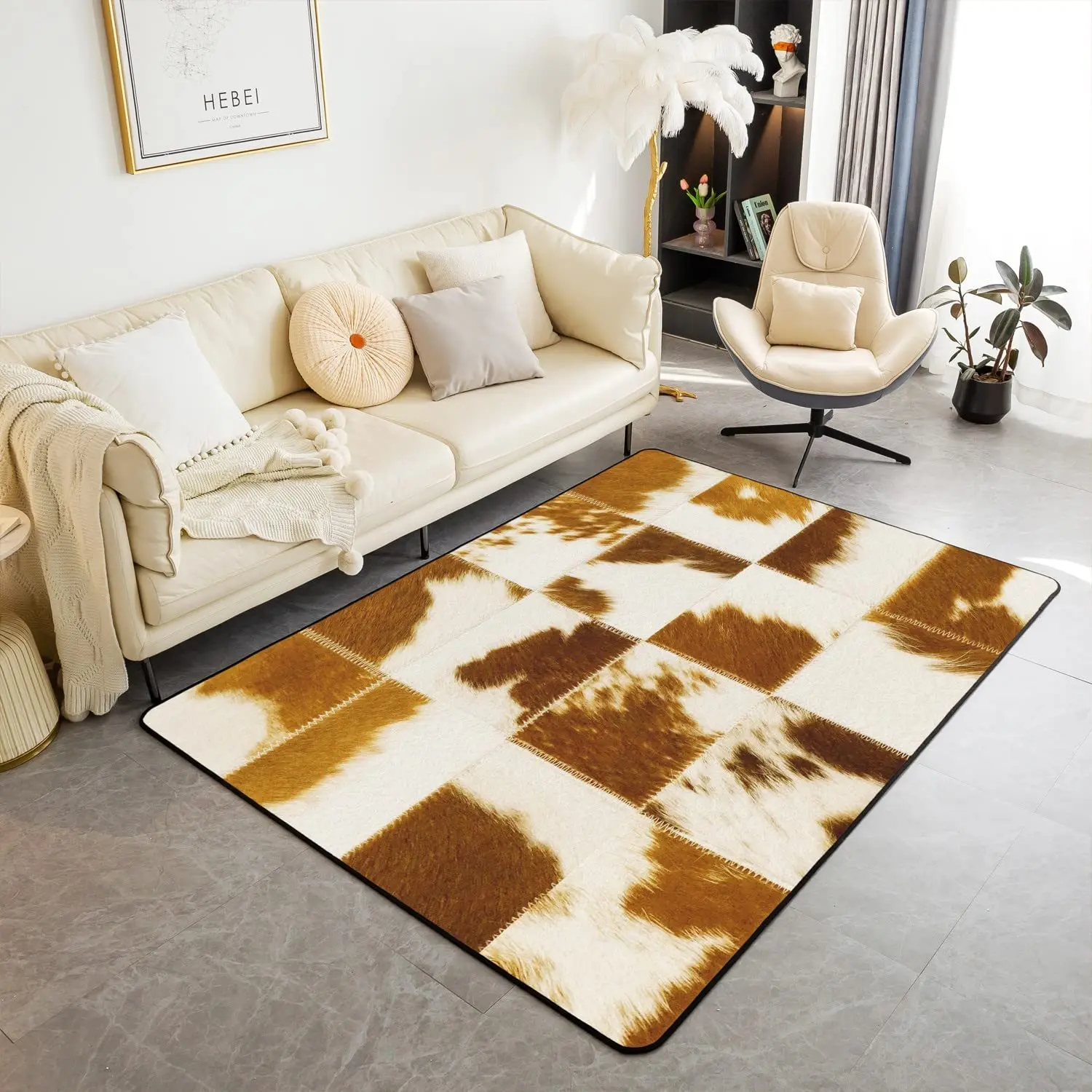 Western Cowhide Area Rug Cow Fur Print Rug Rustic Farm Animal Carpet for Boys Girl Cowboy Non Slip Door Mat Sofa Table Floor Rug