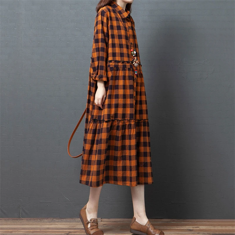 2025 Spring Autumn Cotton Plaid Vintage Dresses For Women Casual Long Korean Style Fashion Elegant Dress Office Lady Clothing
