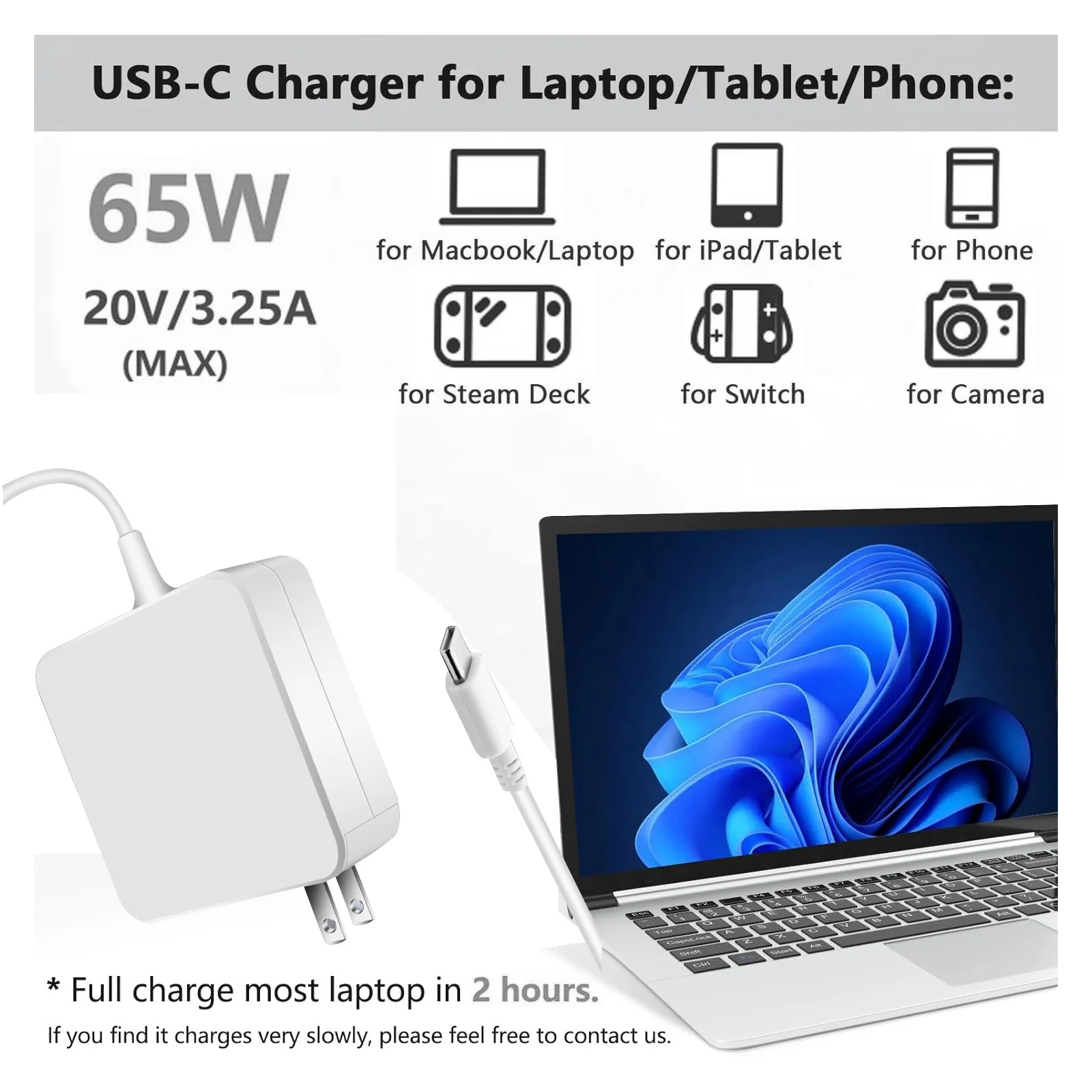 USB C Laptop Power Adapter 65W PD Wall Charger For MacBook Dell Lenovo Huawei HP Notebook