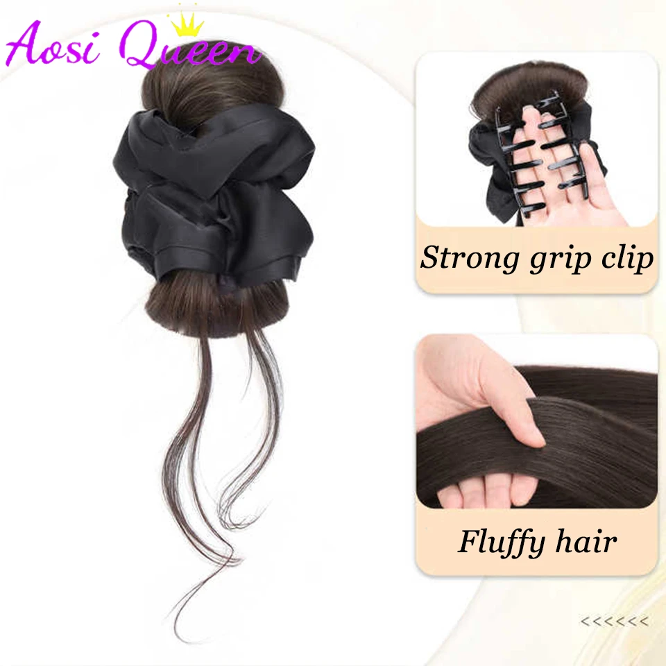 AOSIQUEEN 합성 새틴 헤어 타이 클로 클립 포니테일 헤어 익스텐션 푹신한 곱슬머리 여성용 데일리 헤어