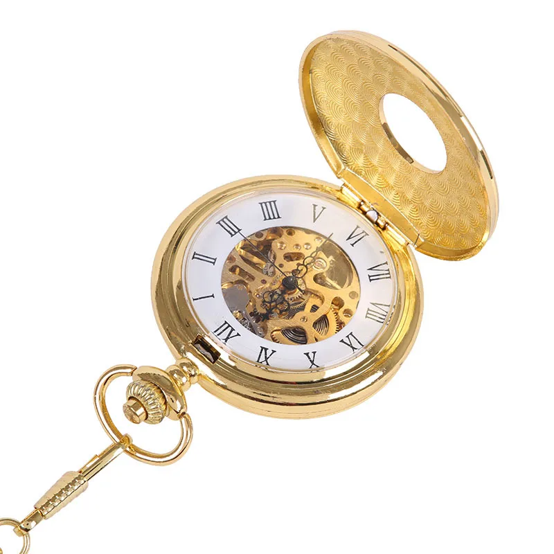 Luxury Gold Mechanical Pocket Watch for Men Women Hollow Vintage Skeleton Case Roman Numerals Steampunk Fob Chain Pendant Clock