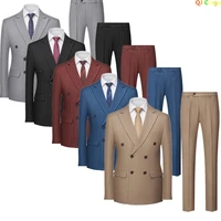 Khaki Pinstripe Men Double-Breasted Suit Two Piece, Wedding Party, Business Dress, Jacket and Pants, Blue, Red, Gray, Male Sets 1