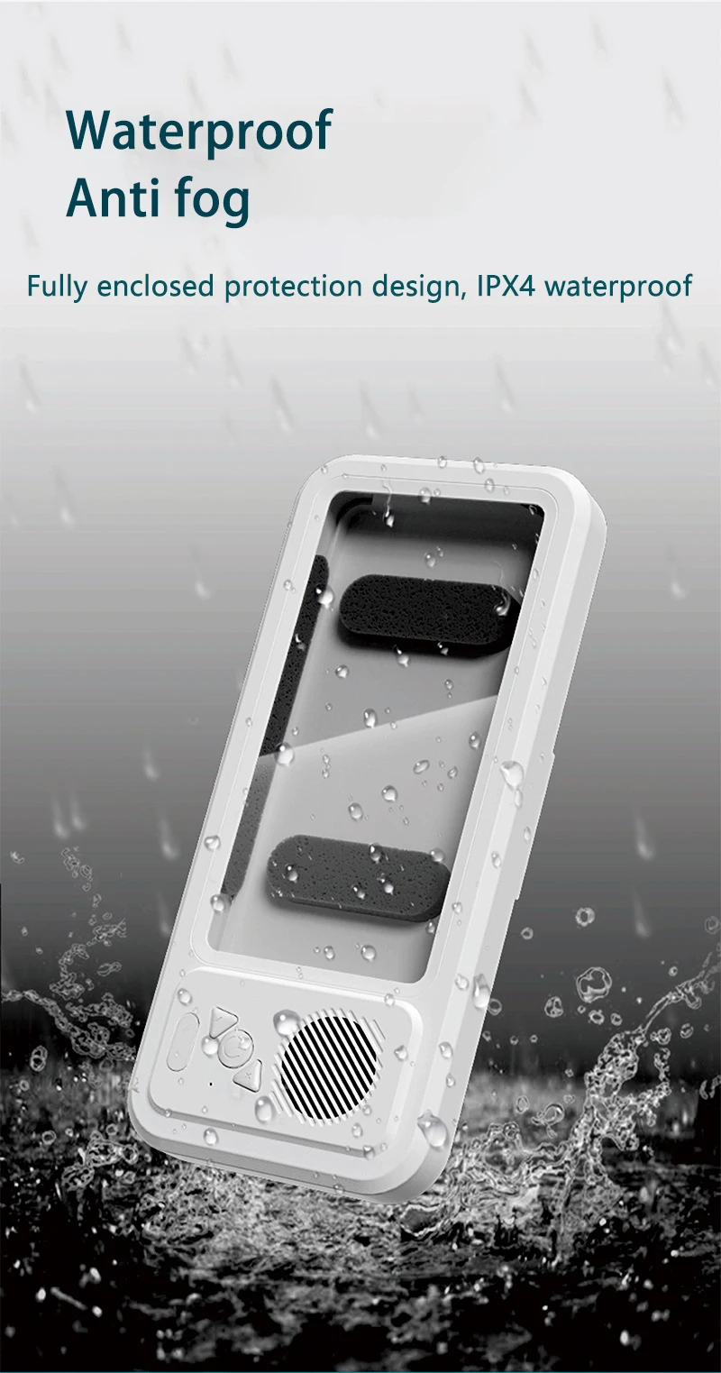 Funda de smartphone impermeable para baño con Altavoz Bluetooth, soporte de pared para teléfono, soporte antivaho para ducha, baño, cocina » Funda de smartphone impermeable para baño