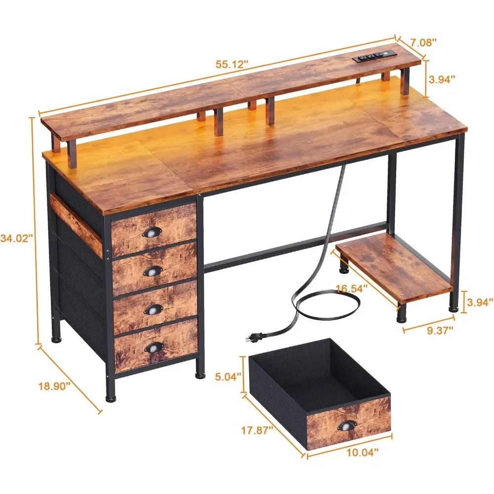 New2025-55 Inch Computer Desk Gaming with 4 Fabric Drawers with Power Outlets and LED Lights for Home Office with Full Monitor S