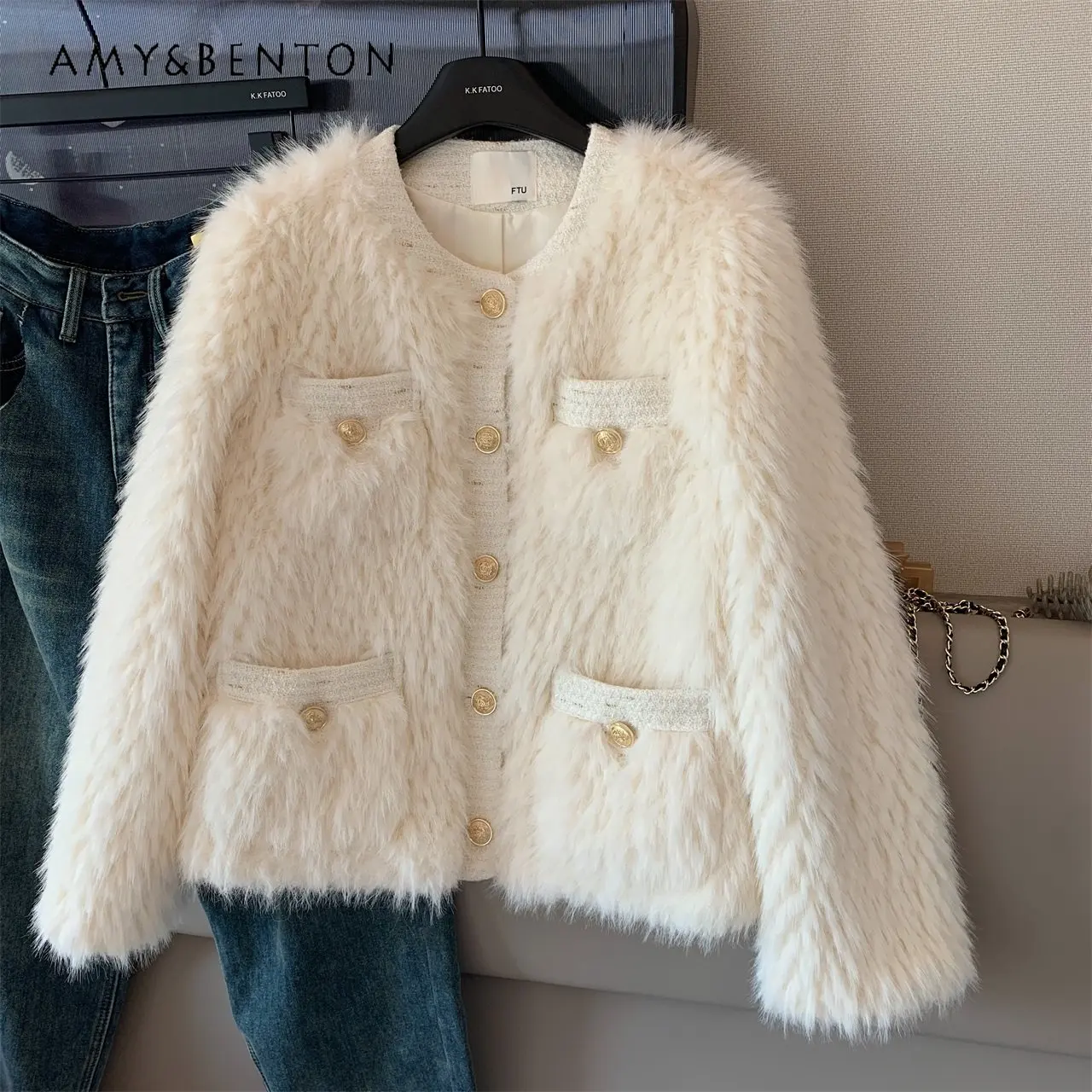 

Женское шерстяное короткое пальто с золотистой пряжкой, модное зимнее шерстяное пальто с круглым вырезом для женщин