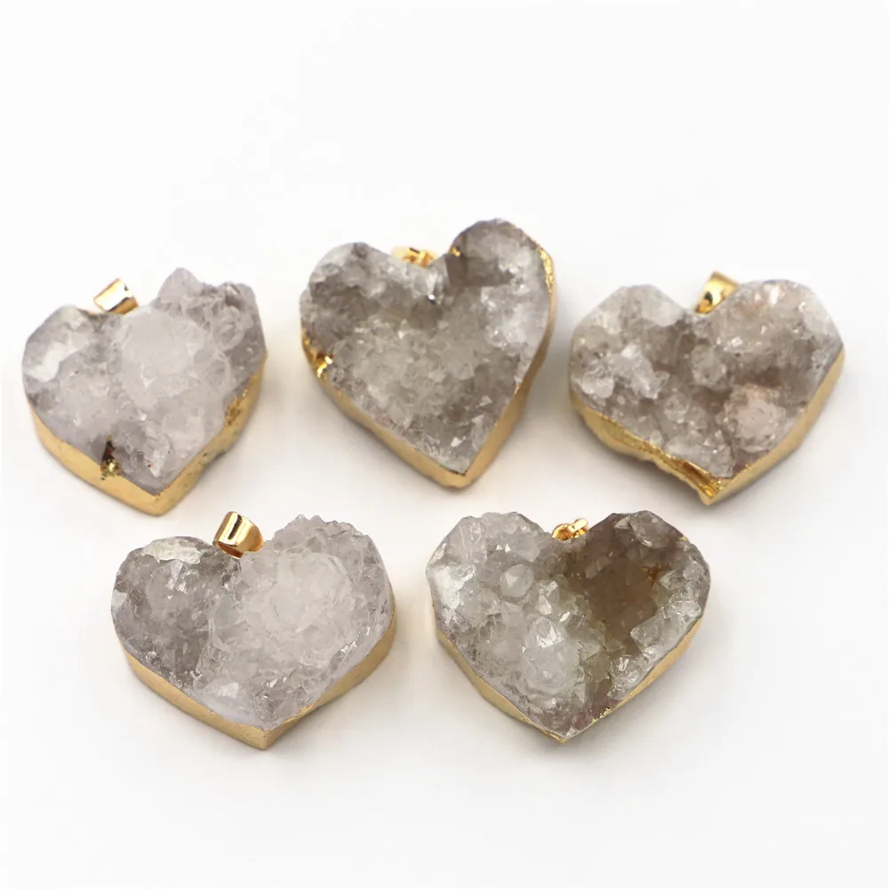 Natural Stone Druzys White Agates Pendants Heart Shape Charms Healing Crystals Jewelry Making DIY Necklace Accessories G1118