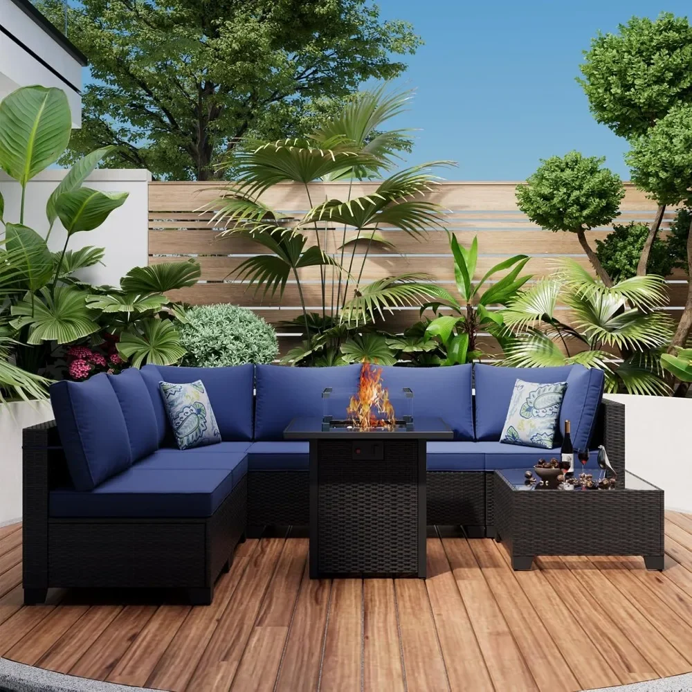 8 Pieces Outdoor Sectional Furniture, Rattan Wicker Patio Sofa Couch with 28in Gas Fire Pit Table,Conversation Sets for Backyard