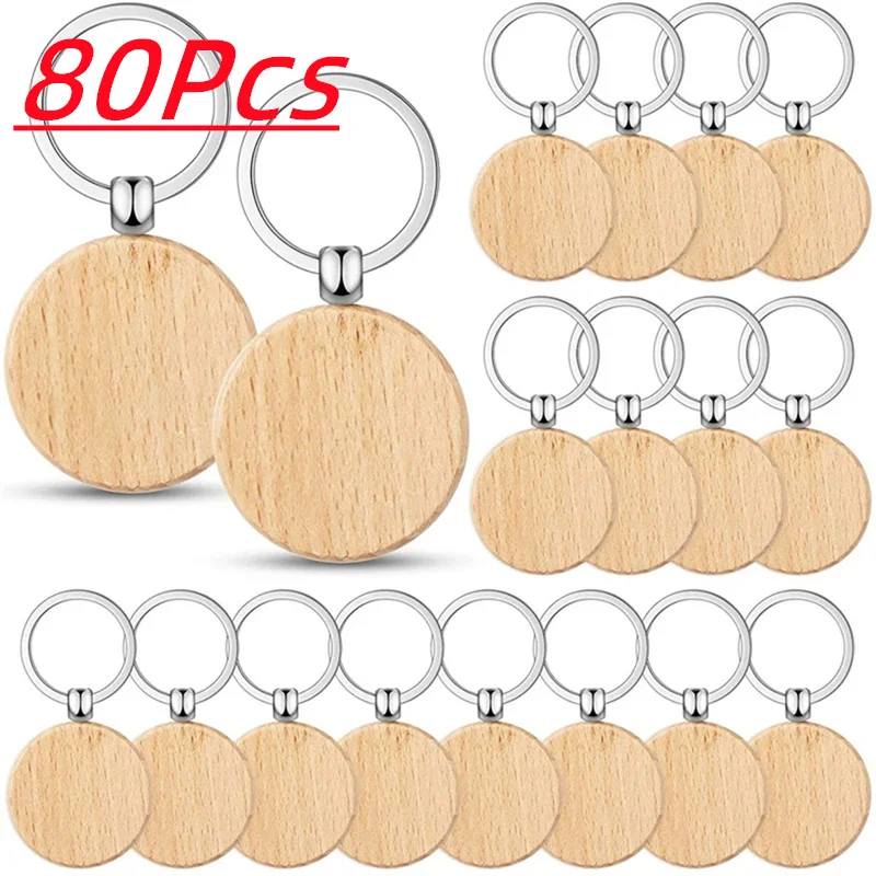

80 шт., круглые деревянные брелки для ключей