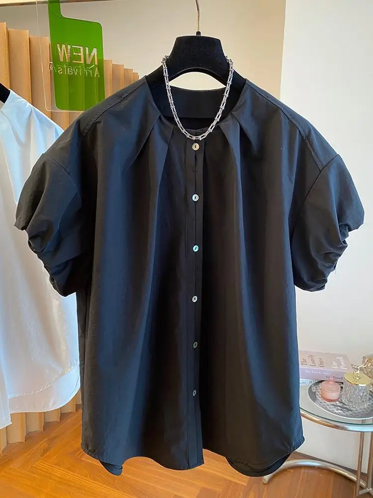 

2024 New Summer Korean Chic Short Sleeve Blouse Women O-neck Solid Color Puff Sleeve Versatile Casual Loose Shirt Tops Mujer