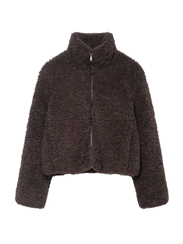 Women Winter Lamb Wool Short Coat Thicken Warm Long Sleeve Turtleneck Street Wear 2025 New Fashion Ladies Solid Zipper Jackets