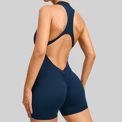 V-Back Scrunch Sleeveless Sports Jumpsuit - Women's Zipper One-Piece Yoga Romper - M (Navy Blue)