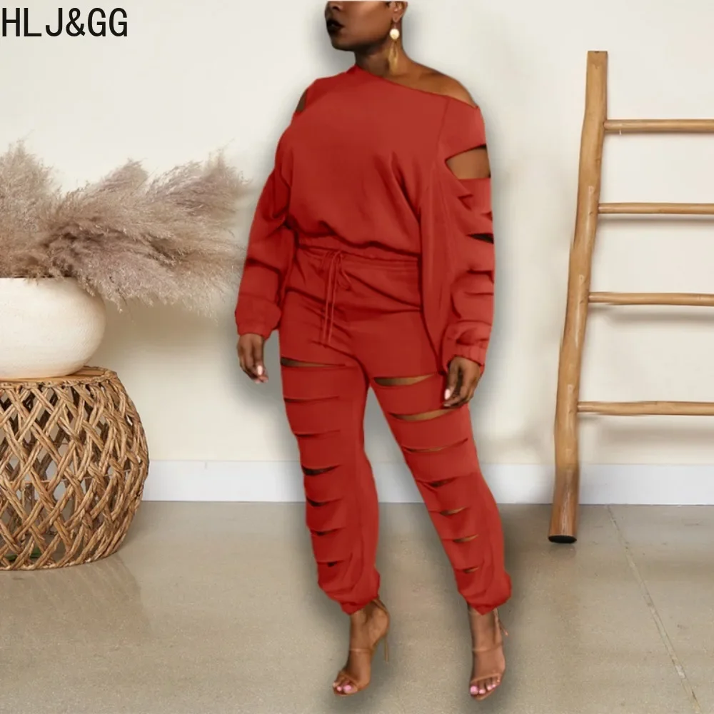 

HLJ&GG Autumn Casual Hole Hollow Out Jogger Pants Sets Women One Shoulder Long Sleeve Top And Pants Two Piece Outfits Tracksuits