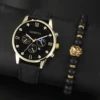 2PCS Men'sFashion Classic Mens Watches Versatile Trend Business Calendar Belt Quartz Watch Alloy Lion Bracelet 1