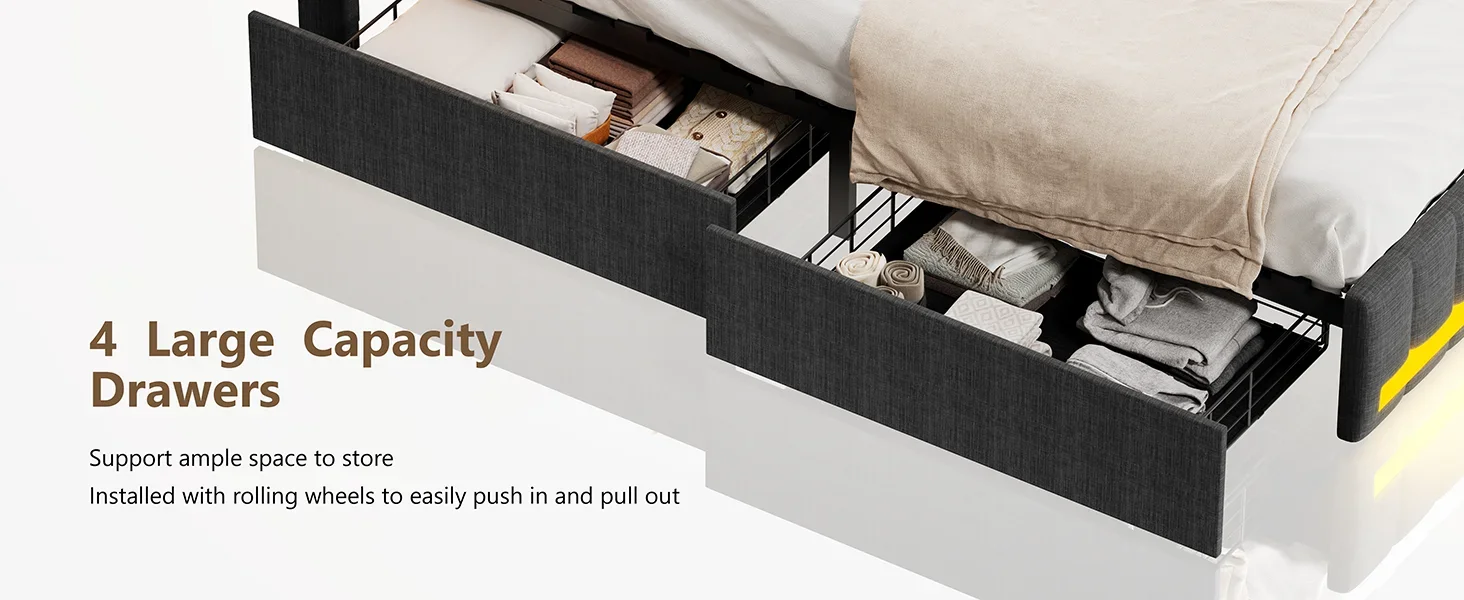 Description Picture 2 of itemUpholstered Queen Size Bed Frame with 4Storage Drawer,RGB LED Light,Charging Station,Adjustable Headboard Slat Support with Box