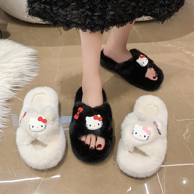 

Luxury Sanrio Hello Kitty Fur Slippers Fluffy Platform Slippers Flip Flops Kawaii Plush Non-Slip Solid Color Slide for Outdoor