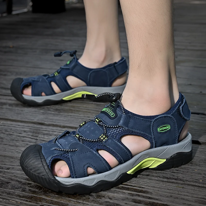 Leather Sandals Men Genuine Leather Handmade Stitching Close Toe Non Slip for Indoor Outdoor Beach