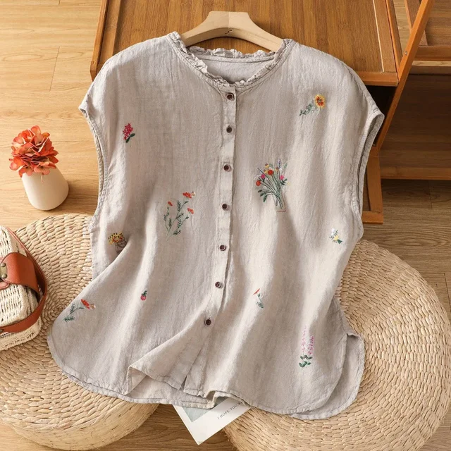 Women's Linen Sleeveless Shirt Fashionable Summer Blouse Casual and Versatile Cotton and Linen Vest All-match Top for Women
