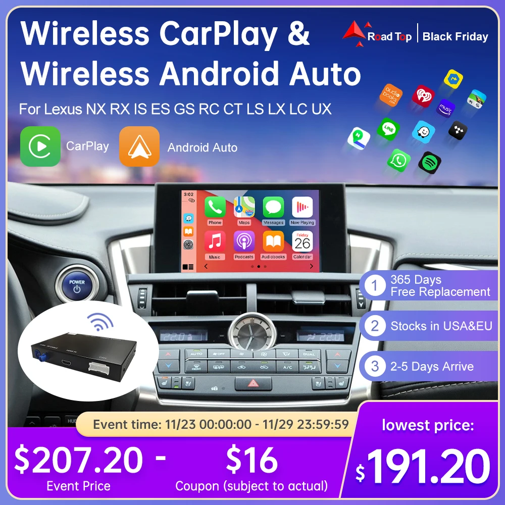 CarPlay inalámbrico para Lexus, NX, RX, IS, ES, GS, RC, CT, LS, LX, LC, UX, 2014-2020, con Android, Mirror Link, AirPlay, GPS, funciones de reproducción de coche