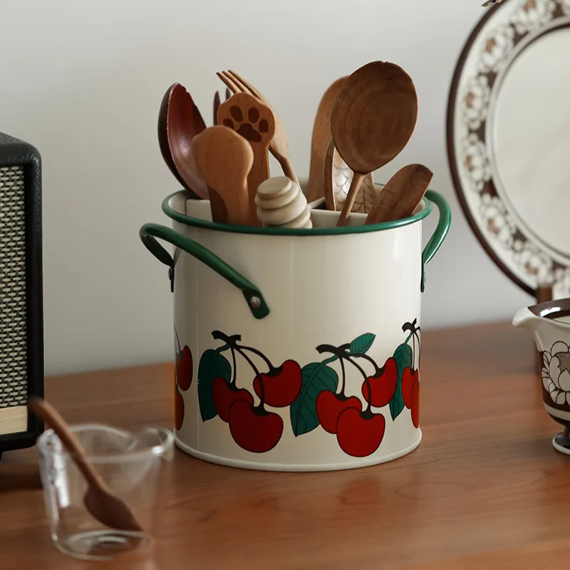 

13x12cm Chopstick Holder Binaural Handles Flatware Chopsticks Box for Household, Cherry Grid Barrel