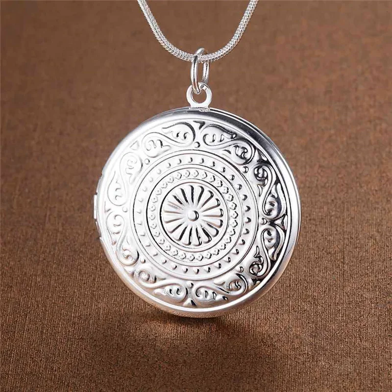 925 Sterling Silver Woman's Classic Round Photo Frame Pendant Necklace for Wedding Party,jewelry holiday gifts,pendant necklace,silver necklace,silver pendant