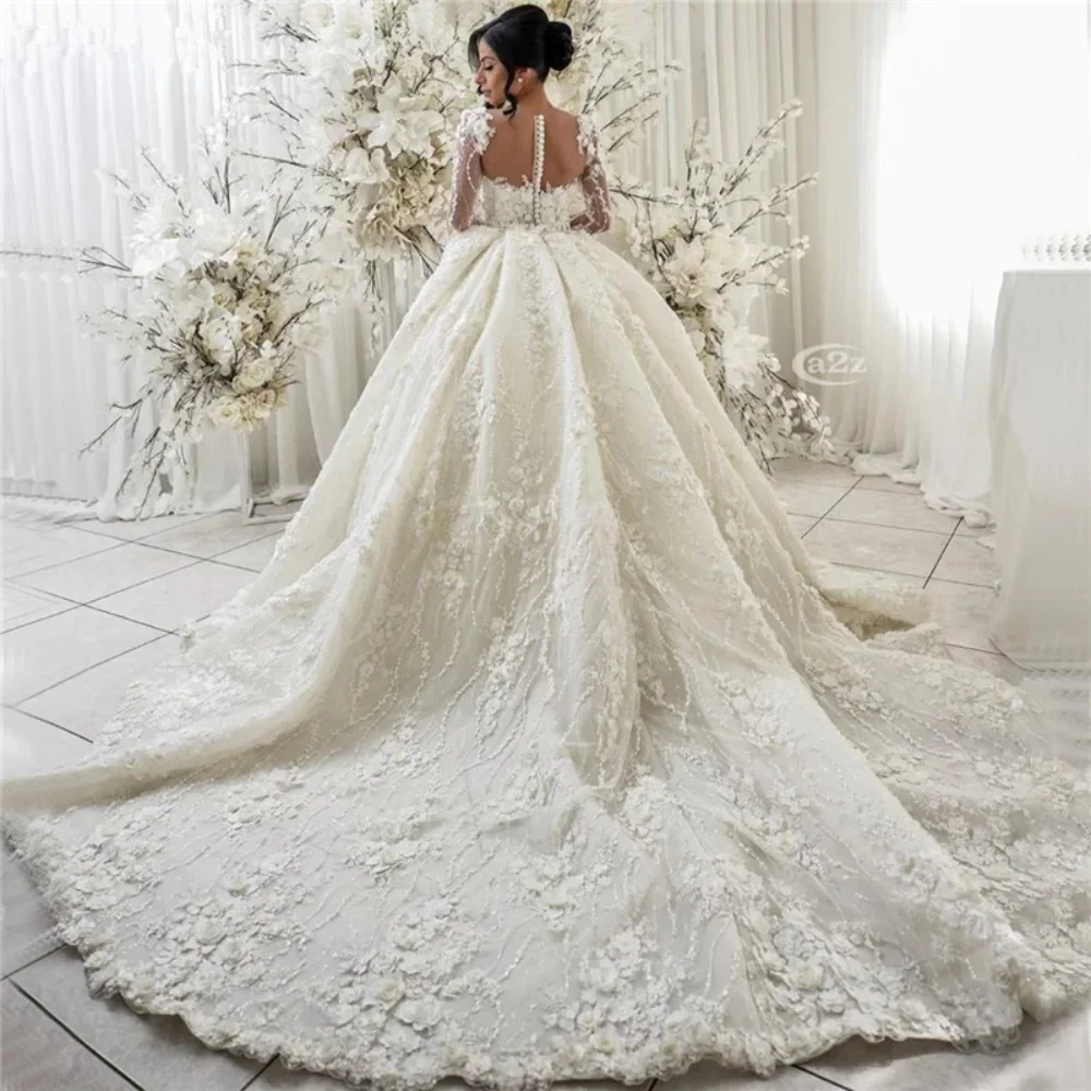 Customzied Vintage Full Lace Wedding Dresses Arabic 3D Floral Illusion Long Sleeves Bridal Gowns V Neck Vestidos wedding dresses