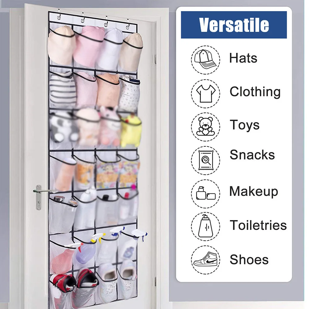 1x 24 Grid Wall-mounted Sundries Shoe Organiser Fabric Closet Bag Storage Rack Mesh Pocket Clear Hanging Over The Door Cloth Box 5