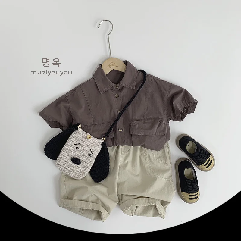 Summer New Vintage Kids Boys Cargo Shirts Baby Short Sleeve Lapel Shirts Solid Baby Girls Casual Tops Infant Clothes