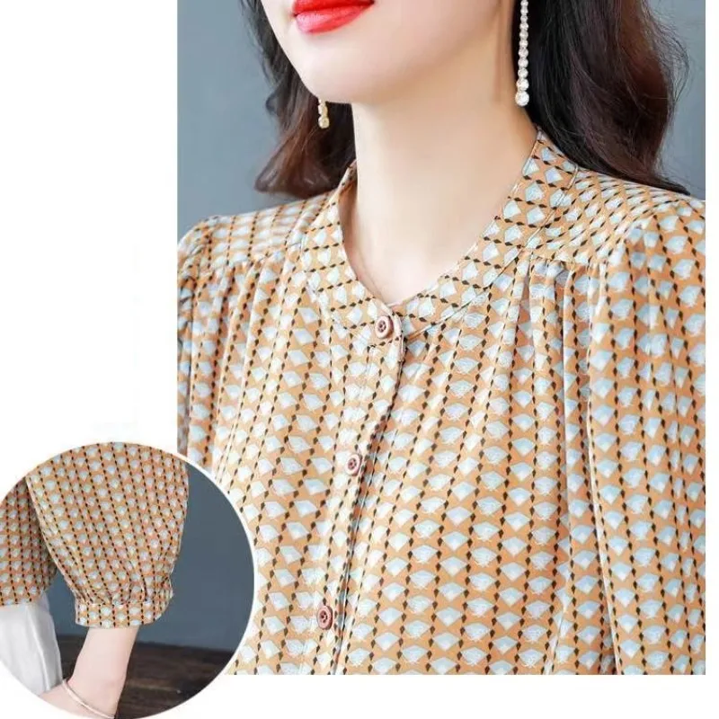 Spring Summer Women's Clothing Round Neck Pullover Button Lantern Long Sleeve Chiffon T-shirt Casual Elegant Fashion Tops