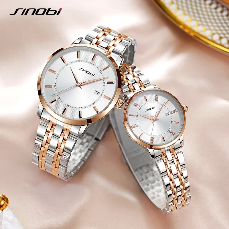 SINOBI Couple Watches classics Calendar Stainless Steel Waterproof Luminous Lover's Watch Quartz Wristwatch Men Women Set Gifts