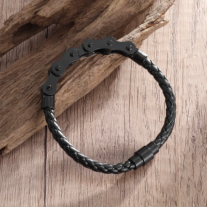 

Creative Bicycle Chain Woven Leather Bracelet with Metal Magnetic Buckle Men's Personalized Punk Hip Hop Rock Party Jewelry