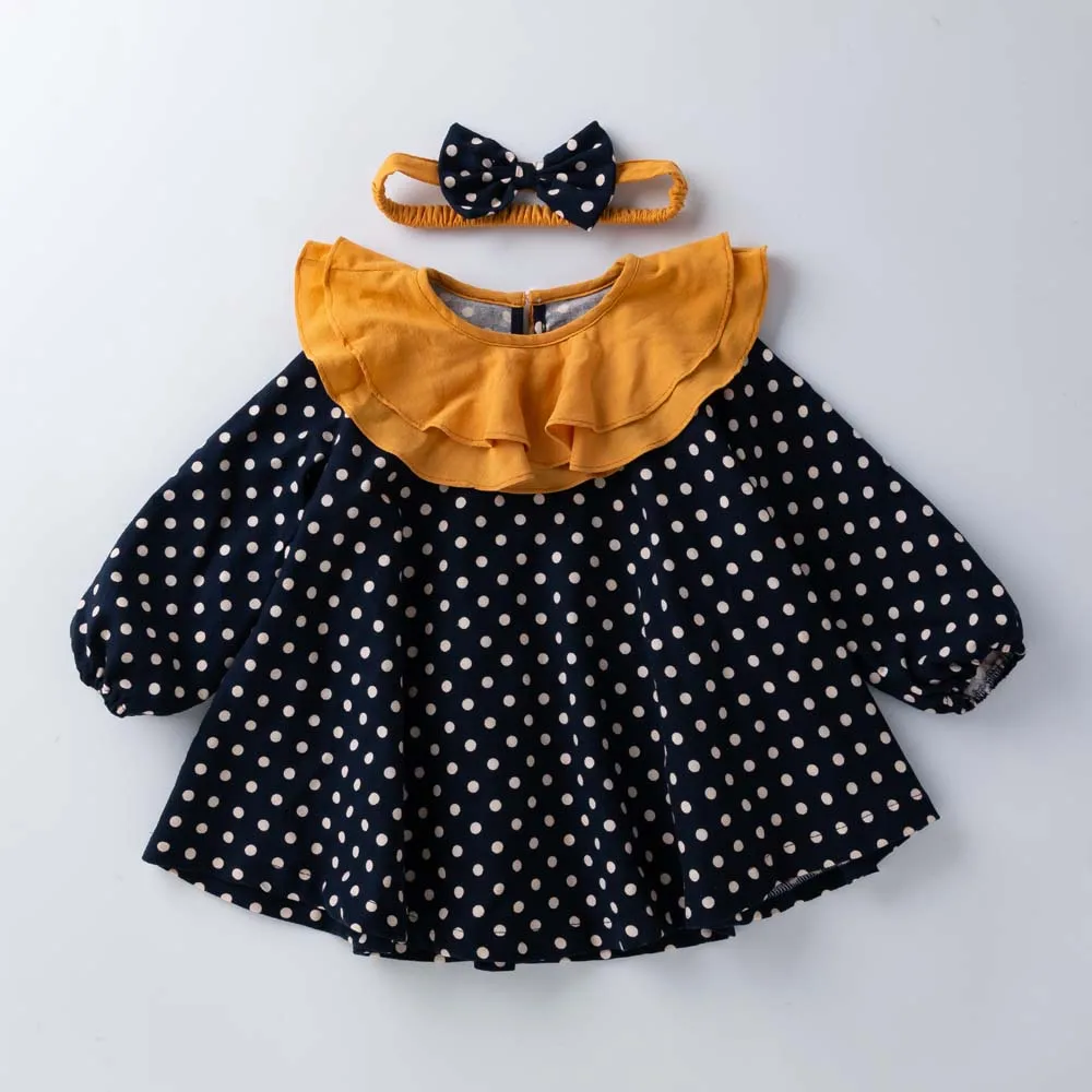 

2022 New Baby Girl Polka Dots Dress Long Sleeve Headband Newborn Infant Suit Costume For Children 0-36 Month Costume