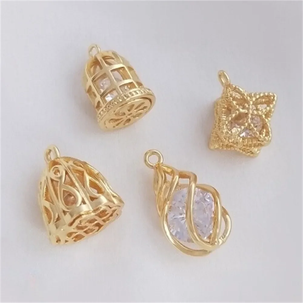 

Interior Zircon Dynamic Pendant 14K Gold Package Water Drop Bird Cage Lotus Peng Pendant DIY Jewelry Charms Pendant K349