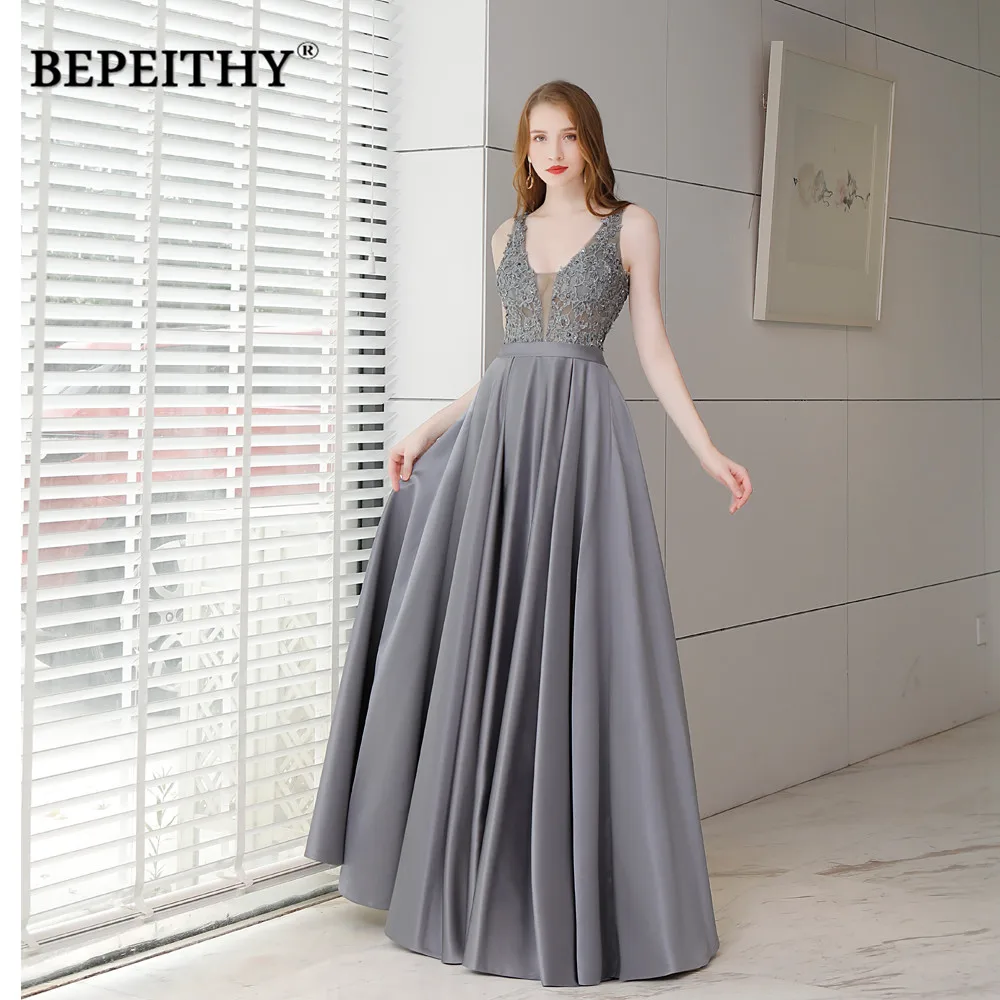 

BEPEITHY V Neck Lace Appliqués Party Dress Sexy Open Back Sleeveless Eveing Dresses Floor Length Robe A-line Vestido De Noche