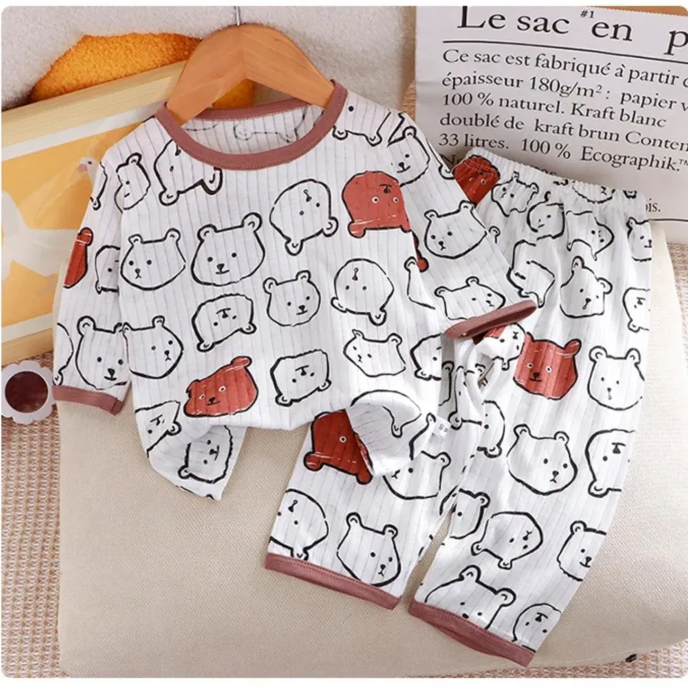 Children's Cartoon Bear Print Pajamas Set, Toddler Boys Girls Long Sleeve Homewear, Kids Soft Sleepwear Outfit for Spring Autumn