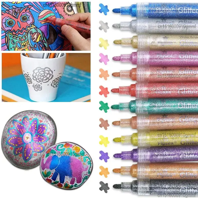 

12 Sparkle Color Acrylic Paint Glitter Marker Pen 3.0mm 0.7mm Tip Art Drawing For Rock Stone Wood Poster Cards Canvas Ceramics