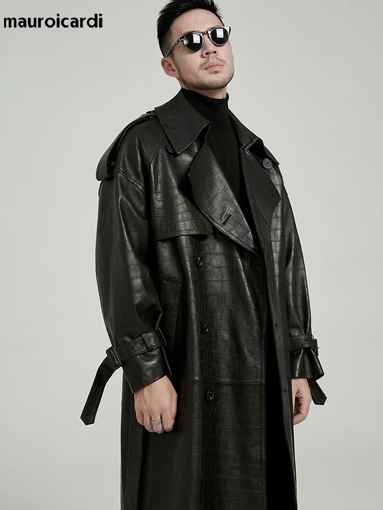 Mauroicardi Spring Autumn Long Black Crocodile Print Pu Leather Trench Coat Men Belt Double Breaste Runway European Fashion 2023 4