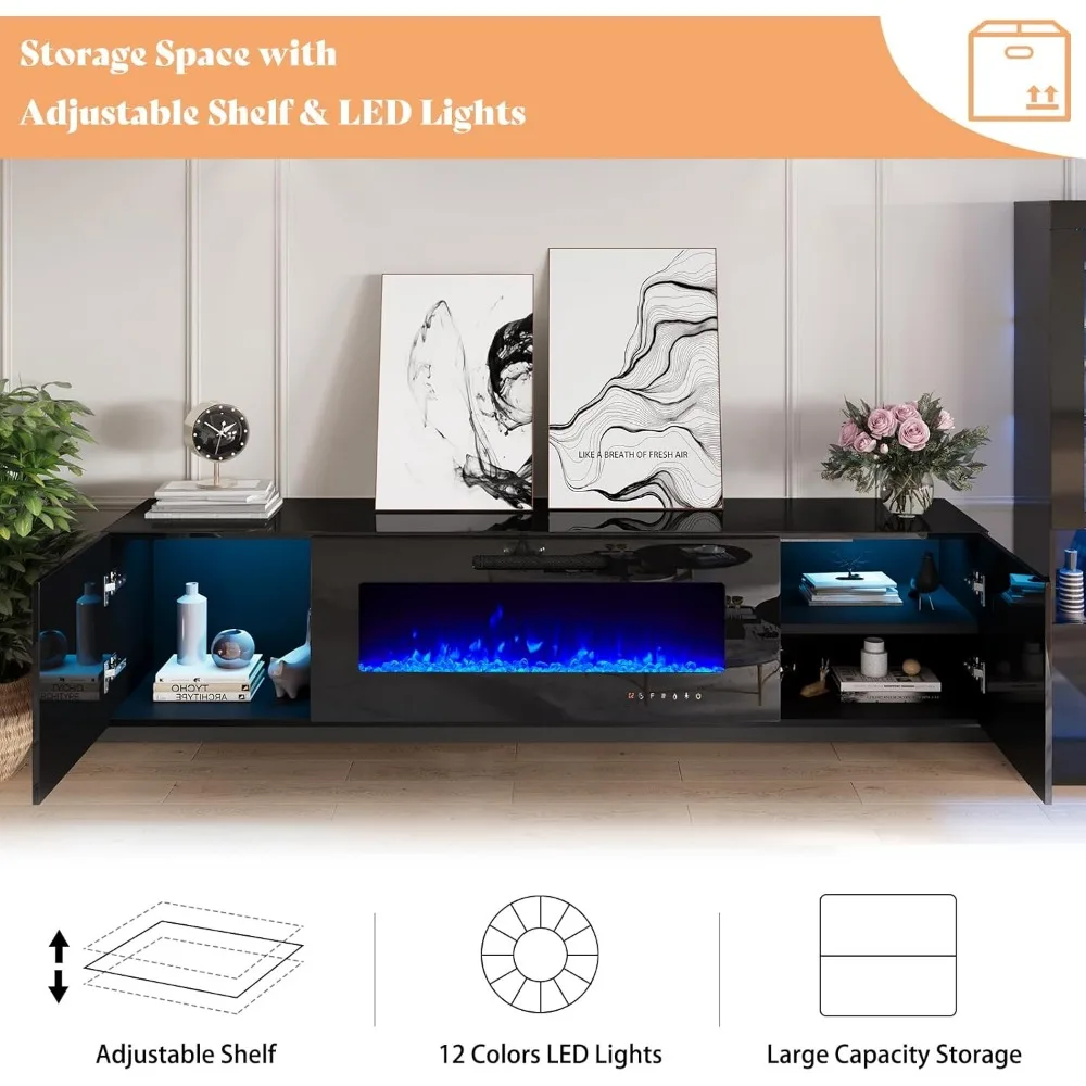 Floating Fireplace TV Stand, Wall Mounted Mirrored Center 40" Electric Fireplace, LED Lights Media Console TVs Up to 90" 5