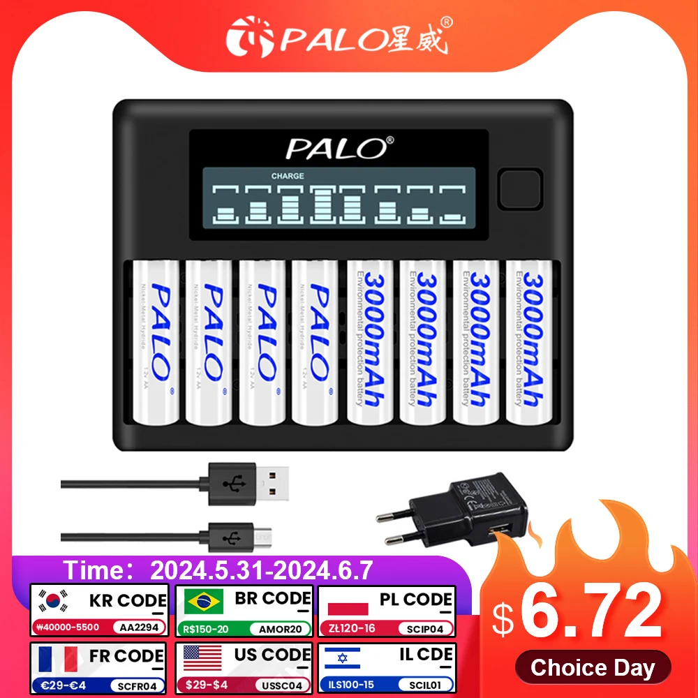 PALO 4-8 sloty szybka inteligentna ładowarka wyświetlacz LCD inteligentna ładowarka baterii do 1.2V AA AAA NiCd NiMh akumulator